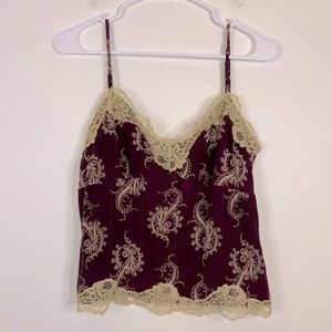 ANN TAYLOR 100% Maroon Cream Cropped Lace Trim Paisley Spaghetti Strap Tank Top